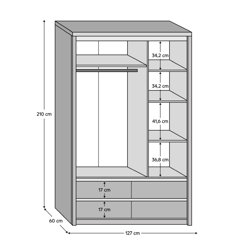 Skriňa, 127cm, kombinovaná, dub sonoma, zrkadlo, NORTY TYP 1 3D4S