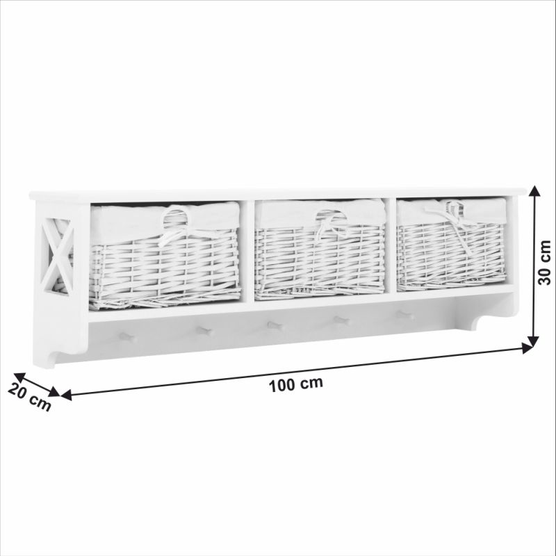 Vešiak, 100cm, 3 košíky, drevo, prútie, biely, RAFAELLO