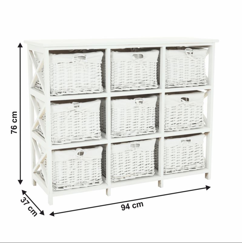 Komoda, 94cm, 9 košíkov, drevo, prútie, biela, RAFAELLO