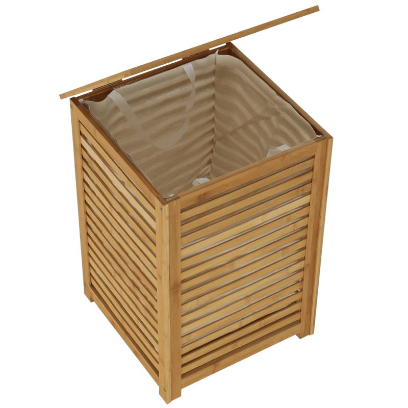 Kôš na bielizeň, 40cm, bambus prírodný, béžová látka, BASKET