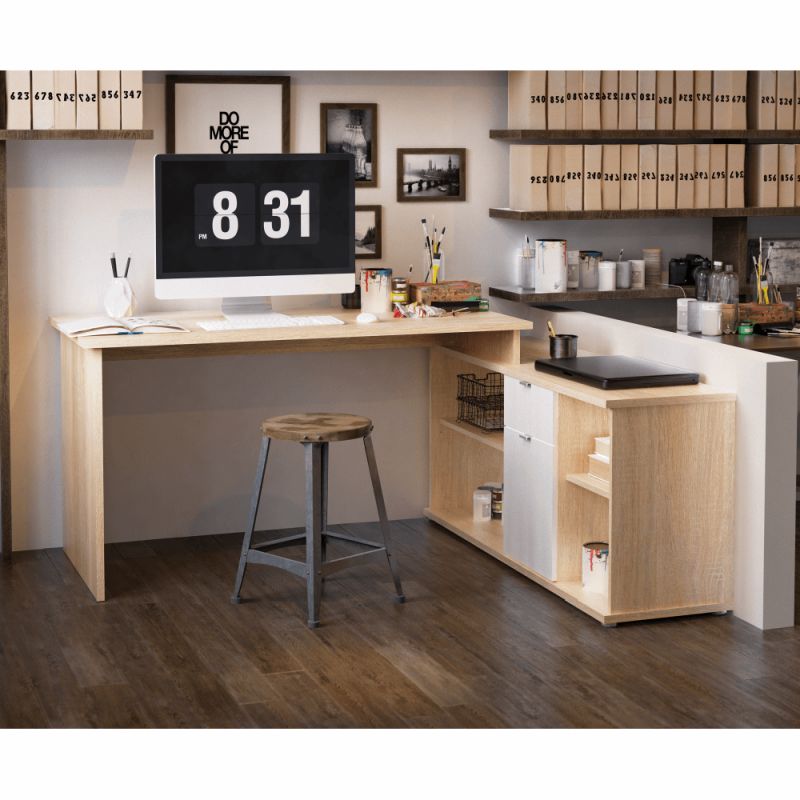 Písací stôl, 167x138cm, dub sonoma, biely, DALTON 2 NEW