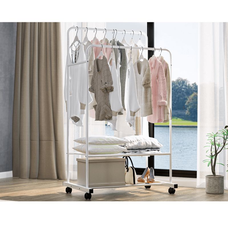 Dvojradový pojazdný vešiak, biely, kov, RAINER