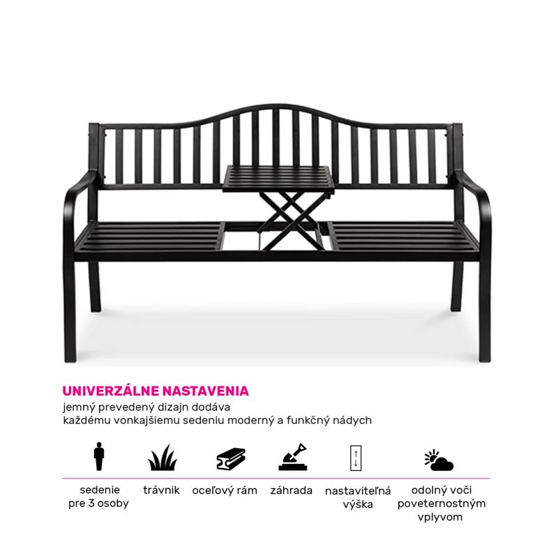 Záhradná lavička, so stolíkom, 150 cm, kov, čierna, DAGNO