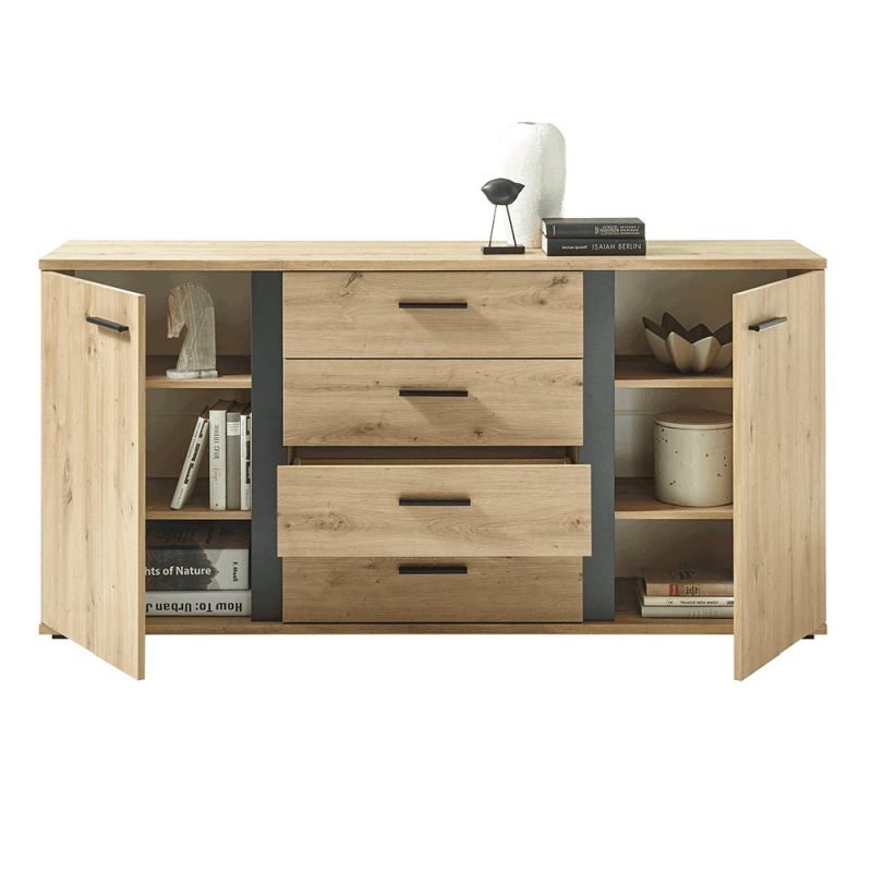 Komoda, 170cm, kombinovaná, dub artisan, čierna, KANODE