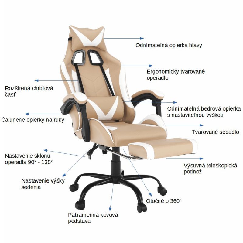 Kancelárske, herné kreslo, béžová a biela ekokoža, OZGE 2 NEW