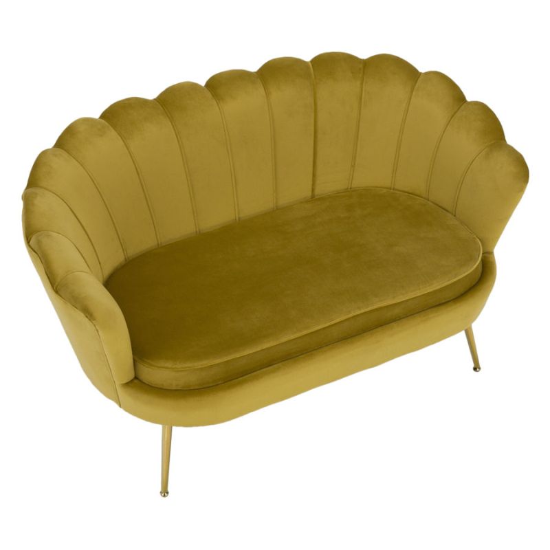 Lavica, Art-deco, nohy gold chróm, horčicová látka, NOBLIN