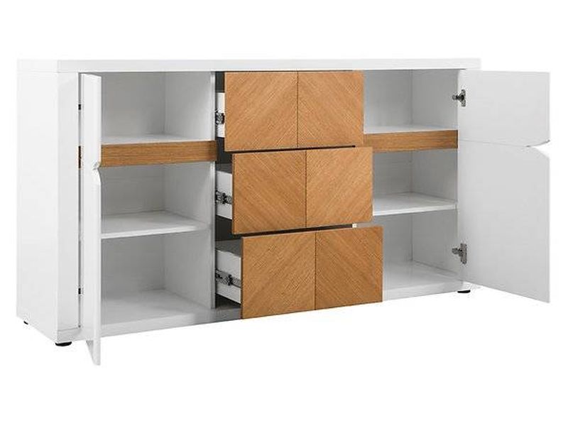 Komoda, 152cm, kombinovaná, biela, dub, BRW ROVIKA KOM2D3S