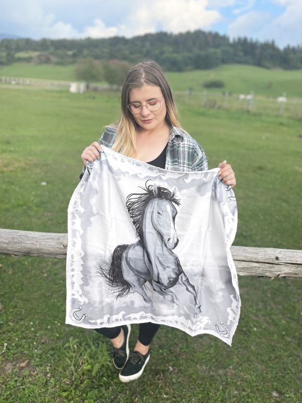Hodvábna šatka Kôň - sivý, Ručná výroba na Slovensku, 90 x 90cm