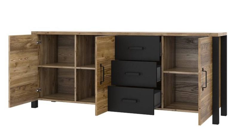 Komoda, 192cm, kombinovaná, appenzeller fichte, čierna, HELVETIA OLIN 47