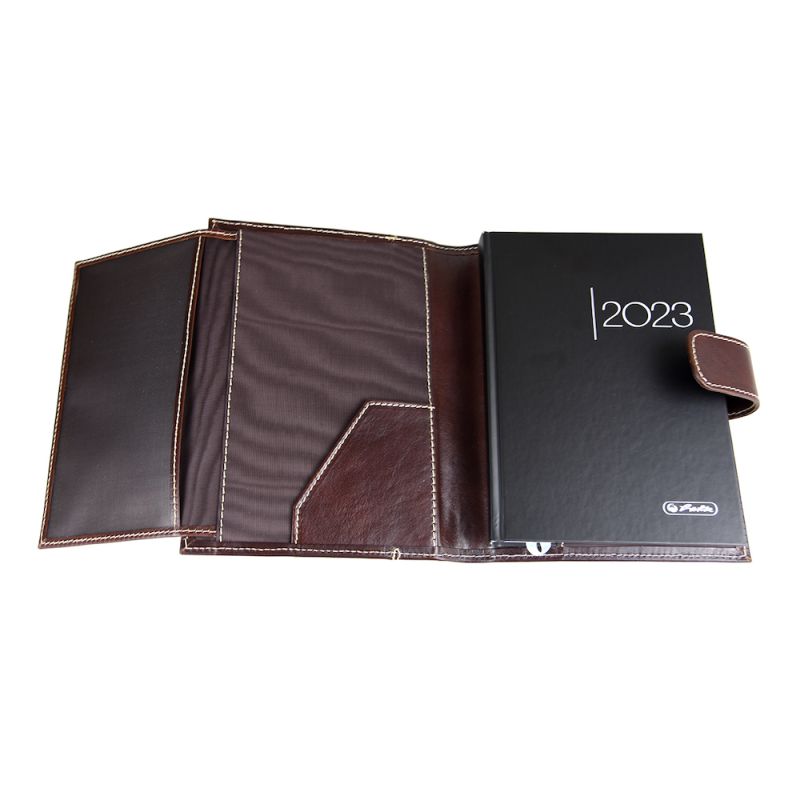 Kožený pracovný diár v tmavo hnedej farbe (svetlé prešitie)