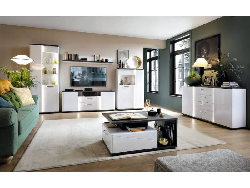 Konferenčný stolík, 100x64cm, vicenza oak black, biely lesk, EXT FALUN VENT01