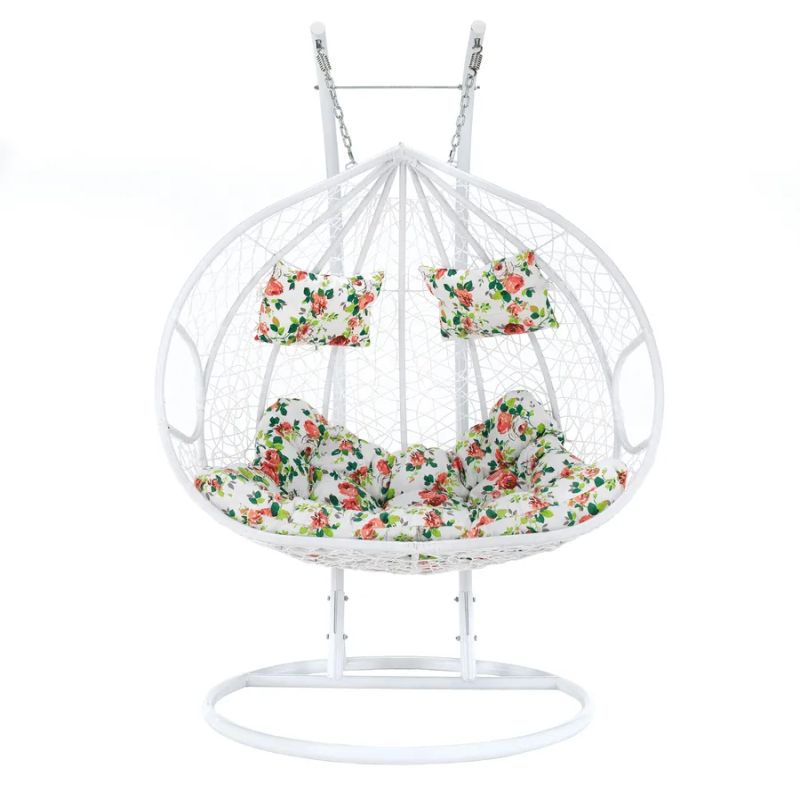 Závesné dvojkreslo, kov biely, látka vzor kvety, DALVEA 2 NEW