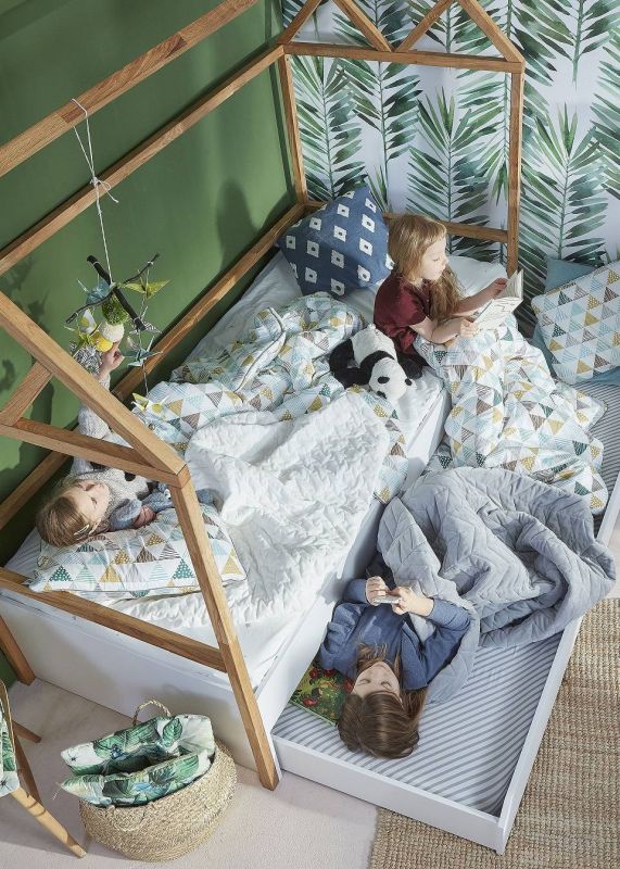 Posteľ, 90x200, biela, dub, BELL AMY LOTTA BED HOUSE