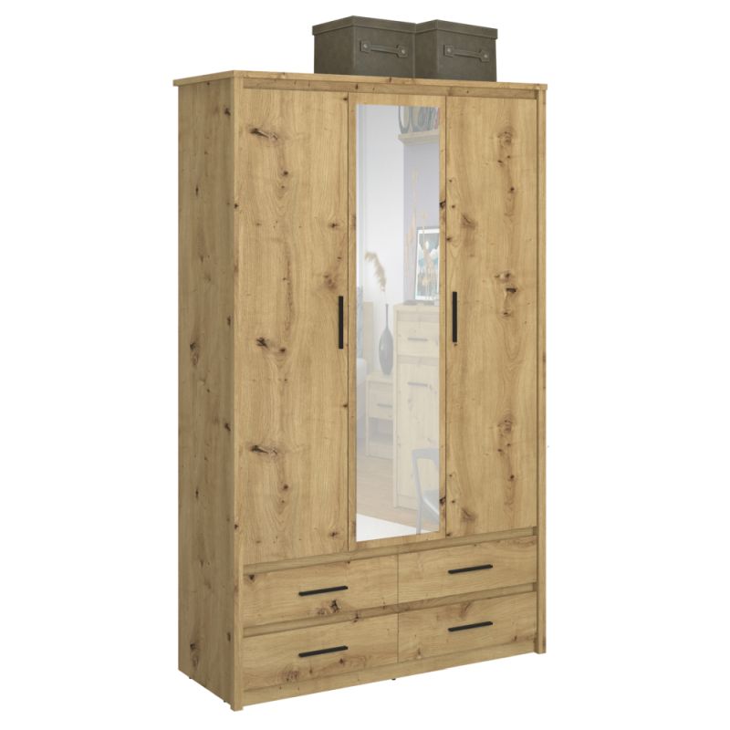 Skriňa, 127cm, kombinovaná, dub artisan, zrkadlo, AIRON 3D4S