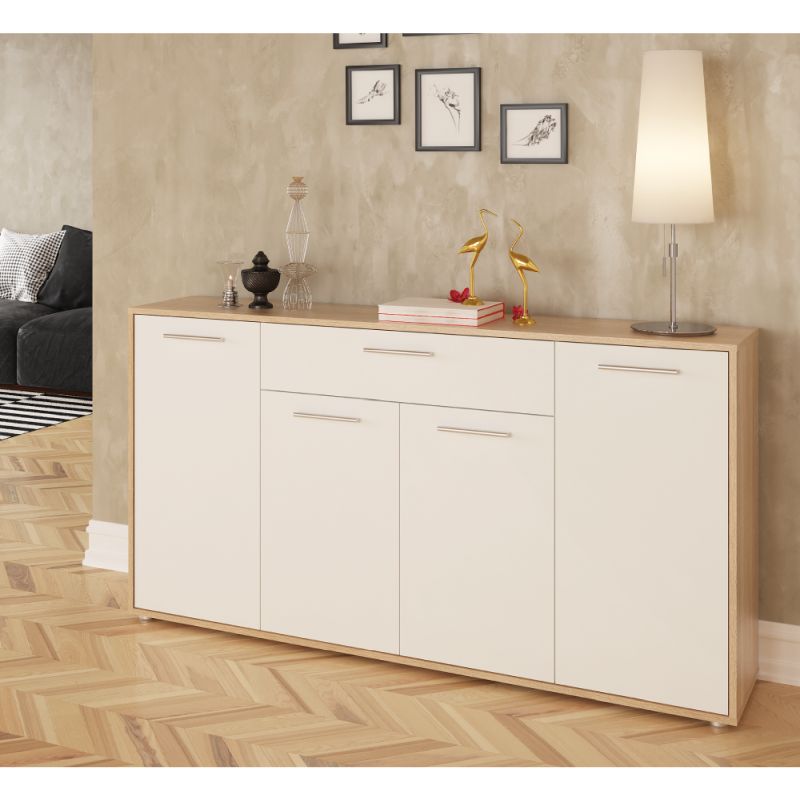 Komoda, 163cm, kombinovaná, dub sonoma, biela, LUNIA