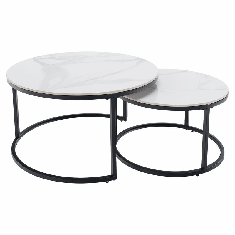 Konferenčné stolíky, set 2 ks, 80x80cm, biely mramor, čierna oceľ, LASTRO