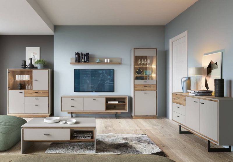 Polica, 150cm, dub flahstaff tmavá, sivá krémová, RIVERO RIVP01