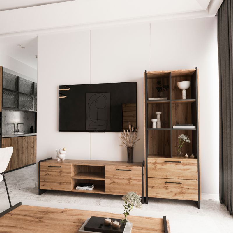 TV stolík, 159cm, dub wotan, čierny, AMONI 2D