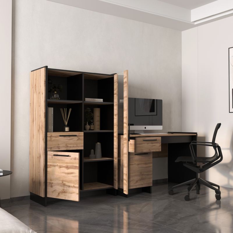 Nízka vitrína, 96cm, dub wotan, čierna, AMONI 1D1W1S