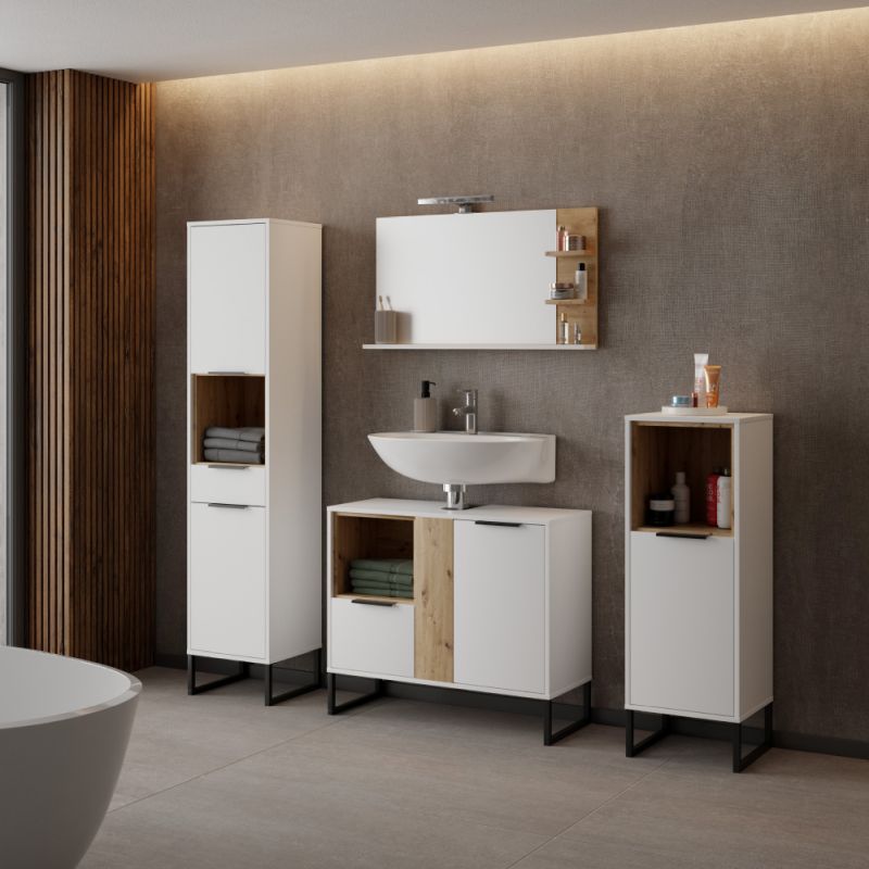 Zrkadlo s LED osvetlením, 75cm, biele, dub artisan, CUBO CUB04