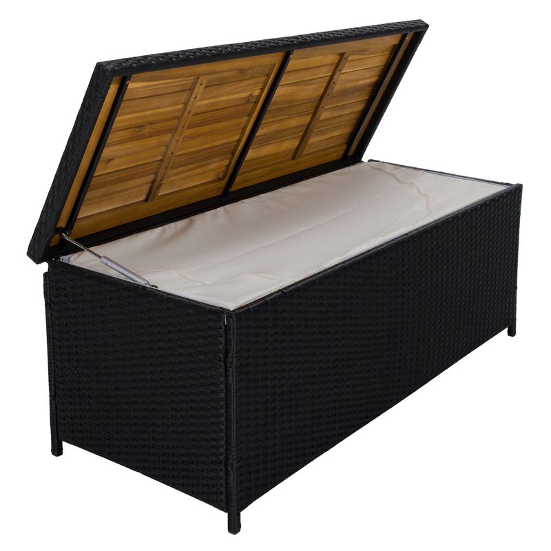 Záhradný úložný box, lavica, čierny ratan, prírodné drevo, BEMUS
