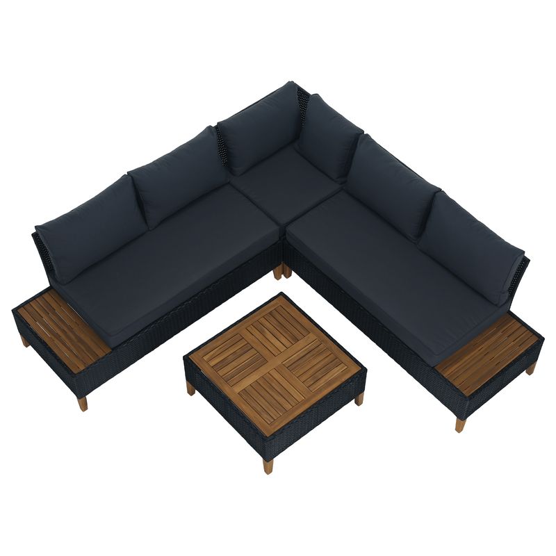 Záhradný, ratanový set, akáciové drevo, čierny ratan, sivá látka, MALKOM