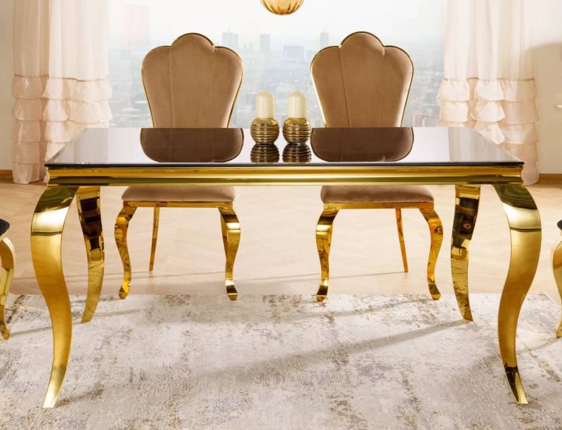 Jedálenský stôl, 150x90cm, sklo, čierny, zlatý, PRINCE GOLD 150