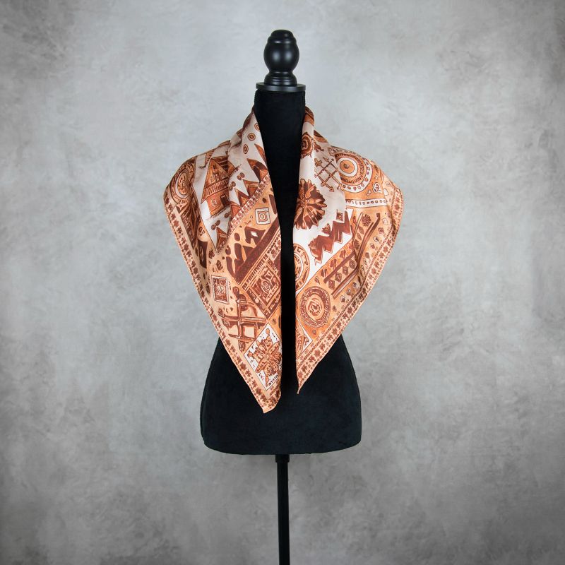 Módna hodvábna šatka ČIČMANY - SÉPIA, 90 x 90cm, MADE IN SLOVAKIA