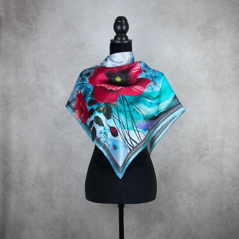 Módna hodvábna šatka MAK VLČÍ - MODRÝ, 90 x 90cm, MADE IN SLOVAKIA