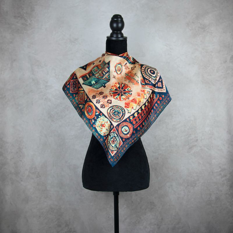 Módna hodvábna šatka ČIČMANY - ČERVENO-MODRÉ, 90 x 90cm, MADE IN SLOVAKIA