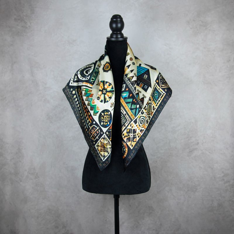 Módna hodvábna šatka ČIČMANY - ČIERNO-FAREBNÉ, 90 x 90cm, MADE IN SLOVAKIA