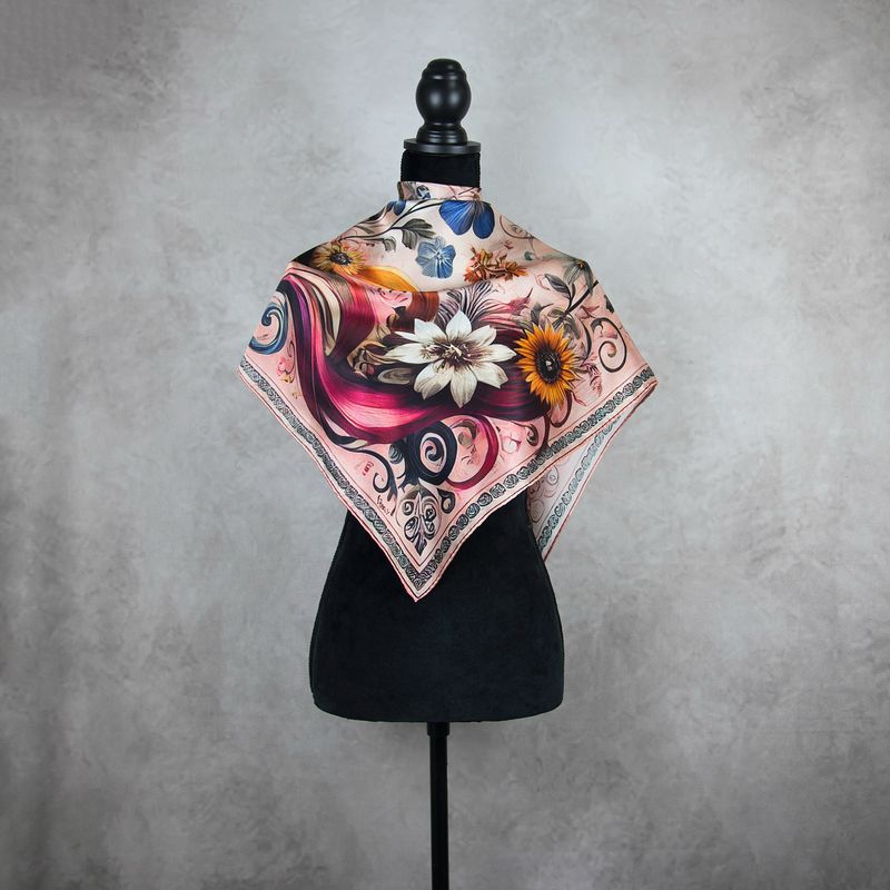 Módna hodvábna šatka LÚČNE KVETY - RUŽOVÉ, 90 x 90cm, MADE IN SLOVAKIA