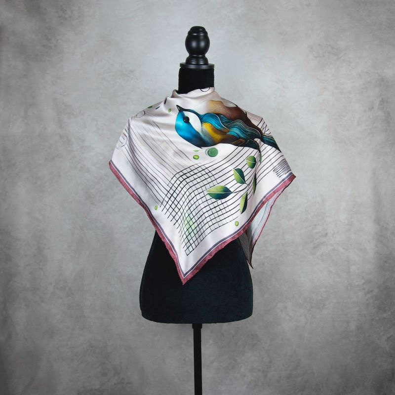 Módna hodvábna šatka SÝKORKA - PURPUROVÁ, 90 x 90cm, MADE IN SLOVAKIA