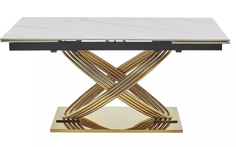 Jedálenský stôl, 160x90cm, rozkladací, keramika, biely, zlatý, HERMES II