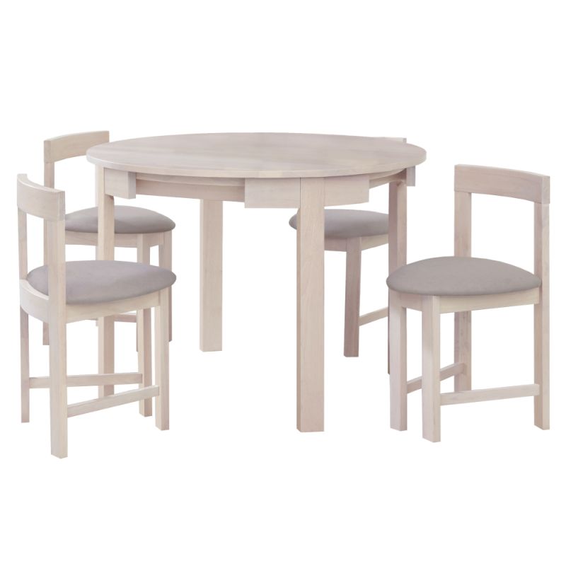 Jedálenský set 1+4, 103x103cm, biely vzor drevo, látka sivobéžová, DOMIO