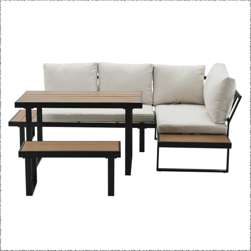 Záhradný set, čierny kov, krémová látka, dub polywood, FLOJD