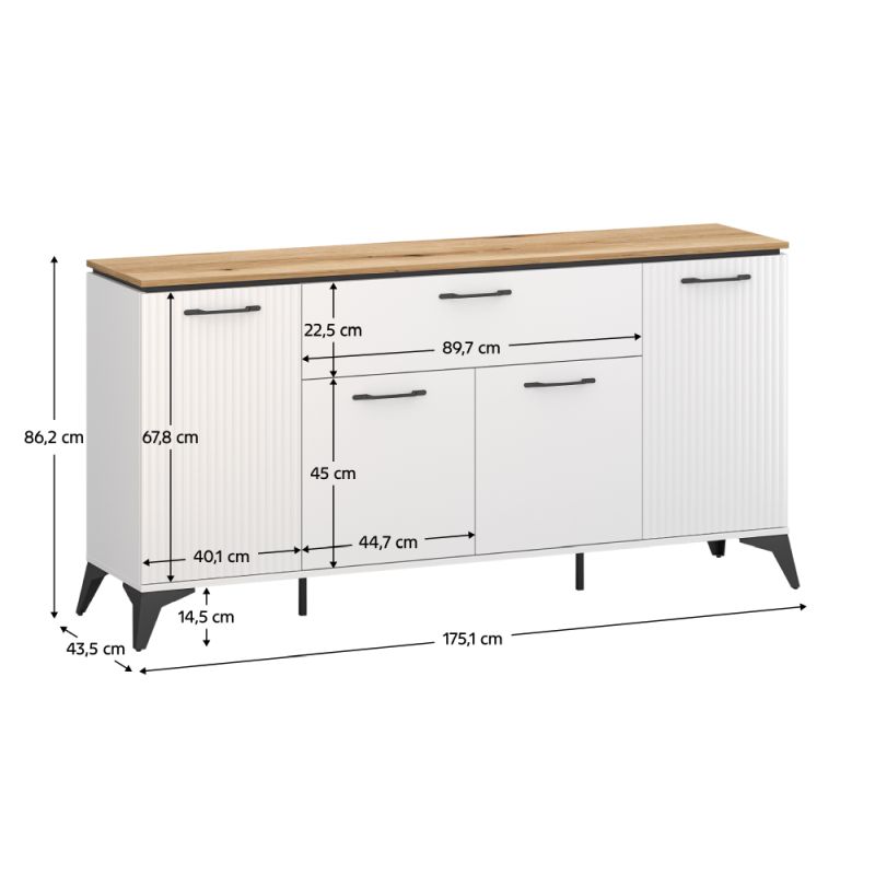 Komoda, 175cm, biela, dub evoke, kombinovaná, VELIS 4D1S