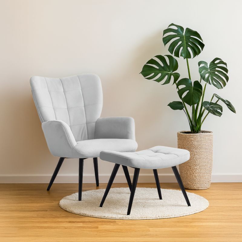 Kreslo s podnožou, čierny kov, svetlosivá látka, HABEN