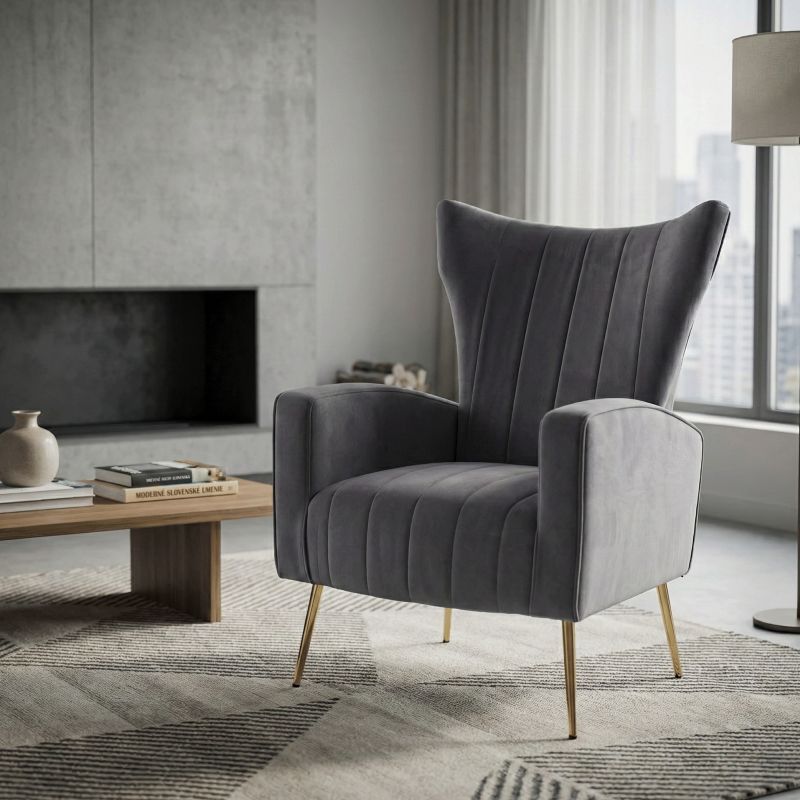 Relaxačné kreslo, sivá Velvet látka, zlaté nohy, BARET