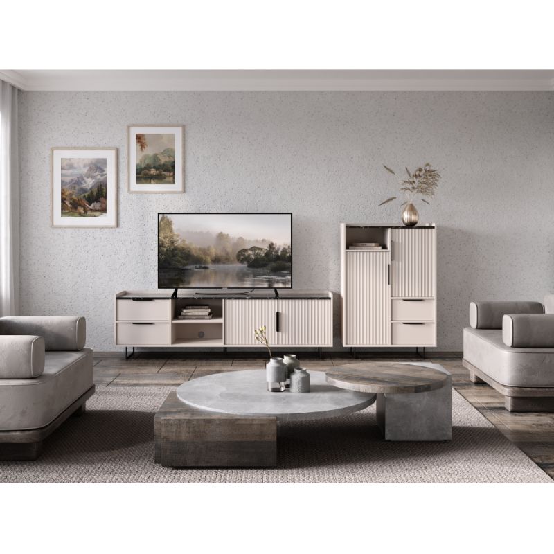 TV stolík, 200cm, kašmír, tmavý mramor, FRESIO RTV2D2S