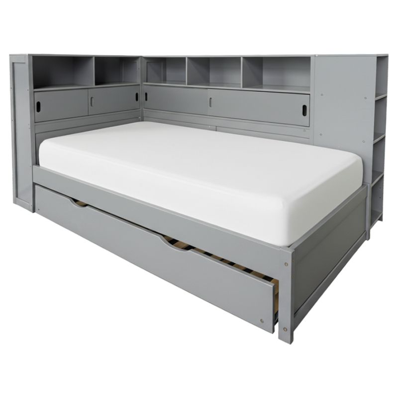 Posteľ, 90x200, s roštom, regálom a prístelkou, sivá, LENDON