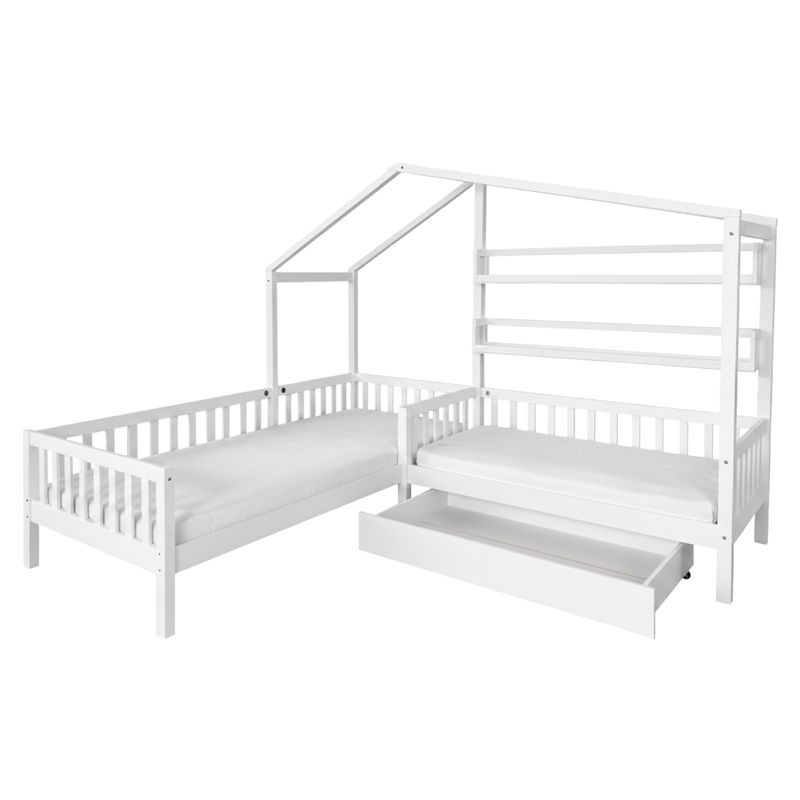 Posteľ pre 2 deti, 90x200+70x140, s roštom, biela, ENOLA
