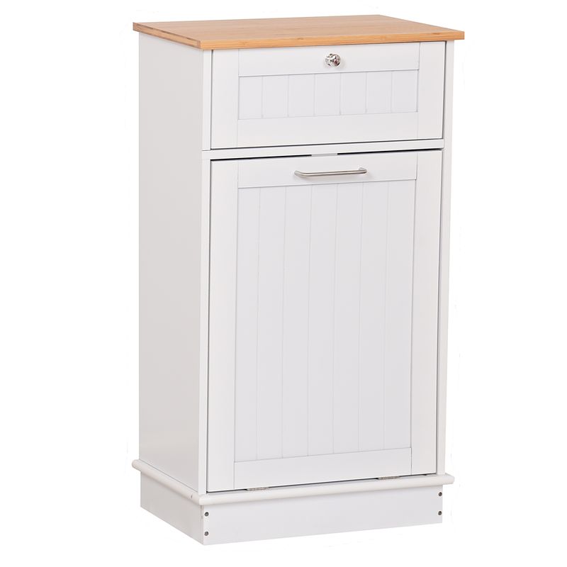 Výklopná skrinka, 51cm, s odpadkovým košom, biela, bambus, DELINS TYP 1