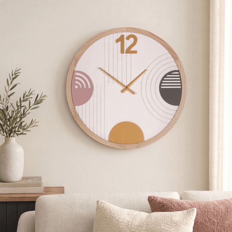 Hodiny nástenné, pr. 60 cm, MDF a drevený rám, farebné kruhy, HW4003