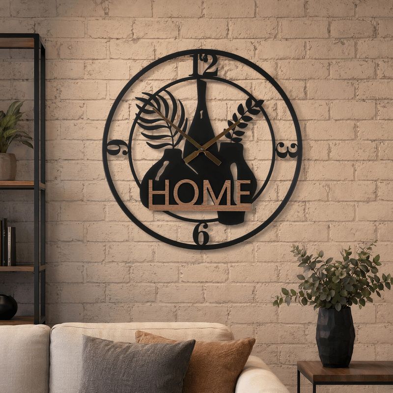 Hodiny nástenné, pr. 60 cm, kov a MDF, nápis HOME, HW4006