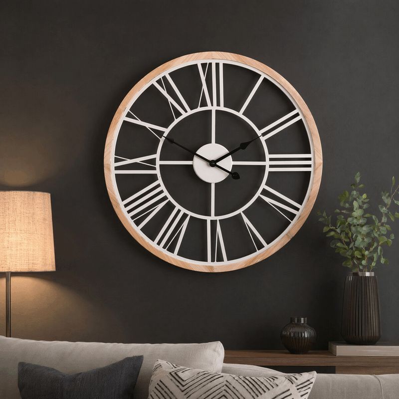 Hodiny nástenné, priemer. 50 cm, kov a drevený rám, biele rímske číslice, HW4008