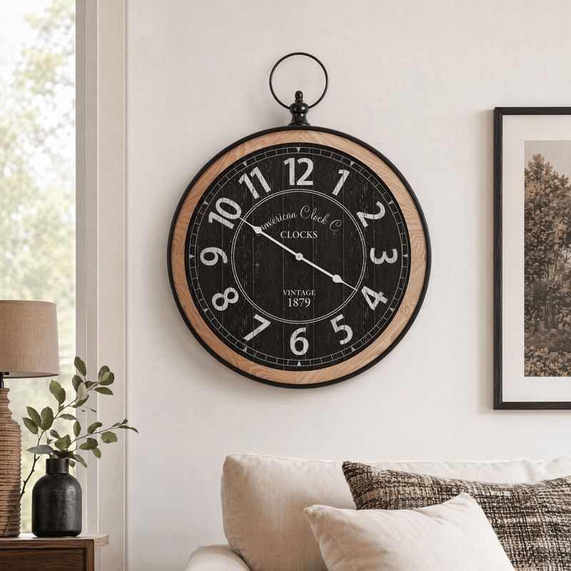 Hodiny nástenné, pr. 58 cm, kov a drevo, štýl vreckových hodiniek, HW4009