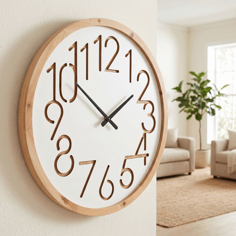 Hodiny nástenné, pr. 60 cm, MDF a drevený rám, biele, HW4015