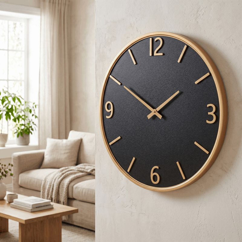 Hodiny nástenné, pr. 60 cm, melamín a kovový rám, čierno-zlaté, HW4016