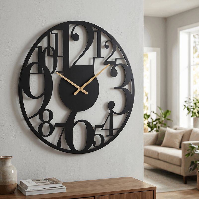 Hodiny nástenné, pr. 60 cm, kovové, veľké číslice, čierne, HW4018